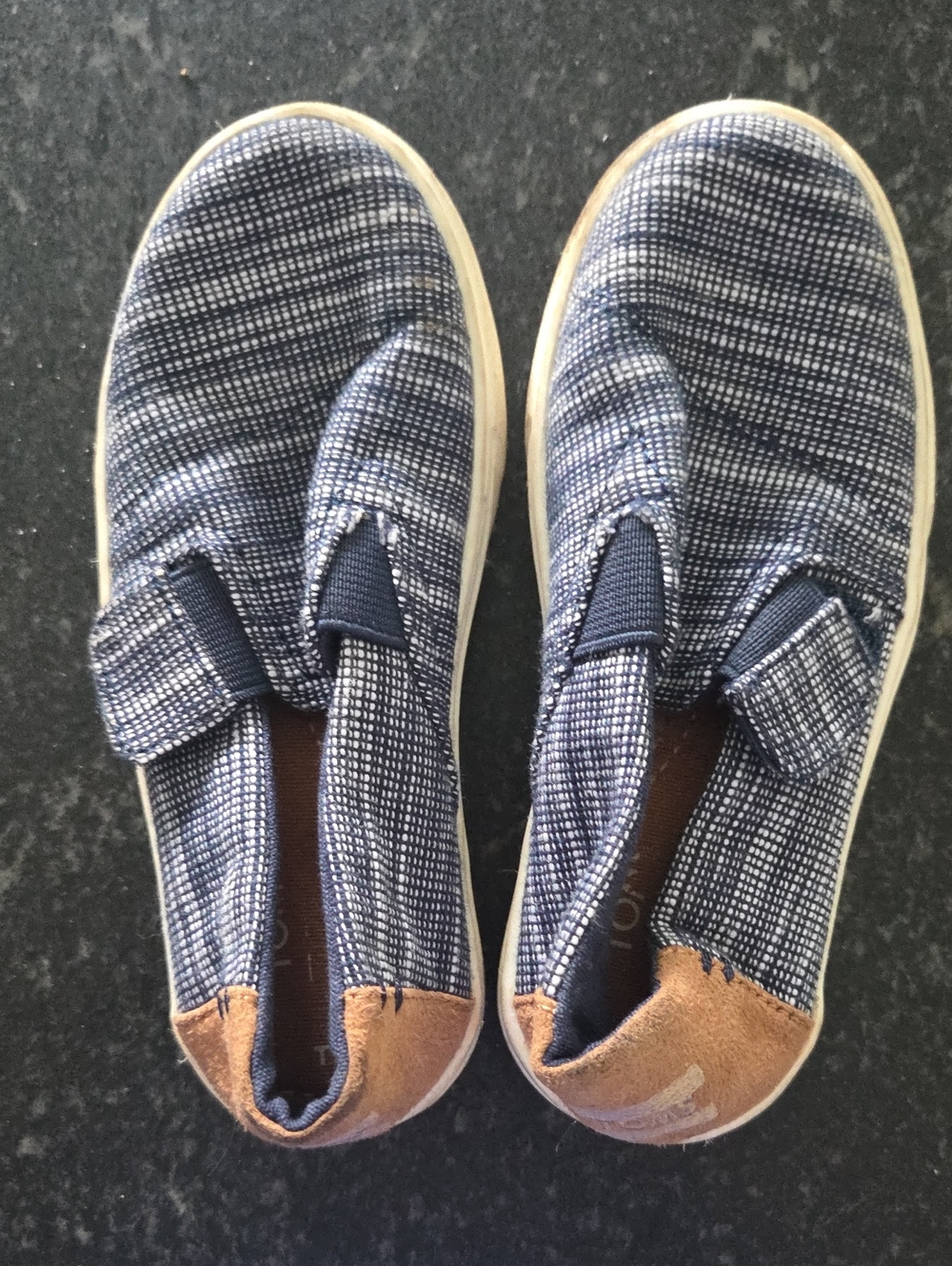 Toms Kids Slip-On Sneakers in Navy and White with Tan Heel Accent